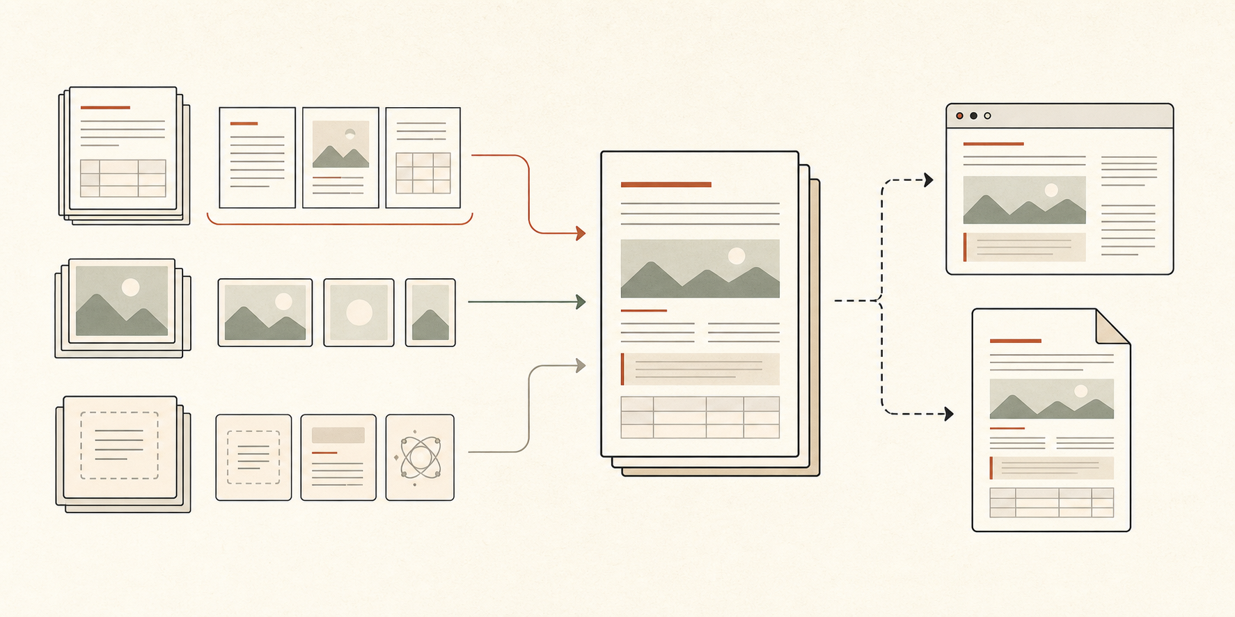 Structured document pages, media assets, and reusable React components combining into one fixed-layout document, then publishing to a web reader and PDF.
