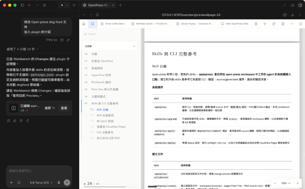 Real collaboration screenshot of Codex agent proposing changes and OpenPress Workbench rendering fixed-page preview